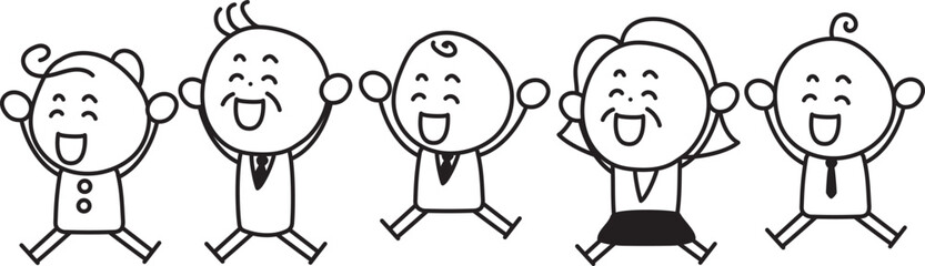 笑顔で飛び上がるデフォルメされた老若男女の人々