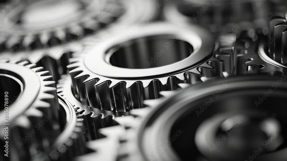 Poster closeup of gears and cogs of machines in motion, engineering concept