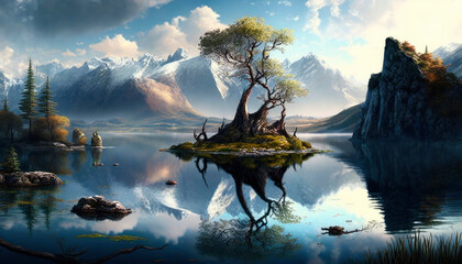 beautiful landscape with a river. Generative AI,