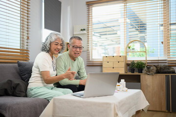 Elderly man and woman sitting in front of a laptop having an online video call with doctor. Telehealth concept