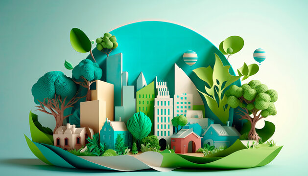 Mock up green city layout with paper, alternative energy. Generative AI. - Powered by Adobe