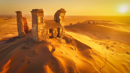 Abandoned ruins in the desert at sunset