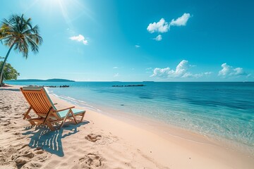 Obraz premium Beautiful tropical beach and sea with chair on blue sky
