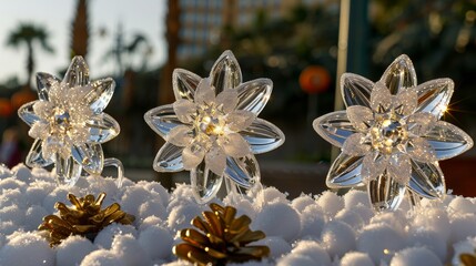 Transform your backyard into a snowy wonderland with a sparkling display of snowflake projections, shimmering icicle lights, and glittering snow-covered