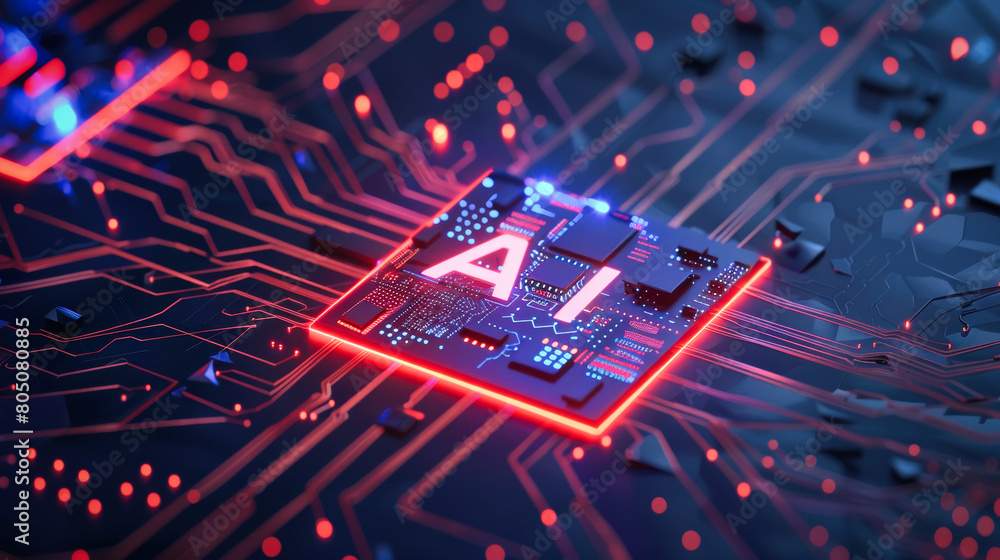 Poster abstract futuristic ai chip on a circuit board background, high tech and artificial intelligence con