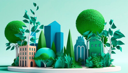 Mock up green city layout with paper, alternative energy. Generative AI.