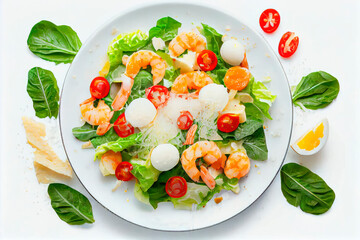 Caesar salad with shrimp on a plate isolate on a white background. Generative AI - obrazy, fototapety, plakaty