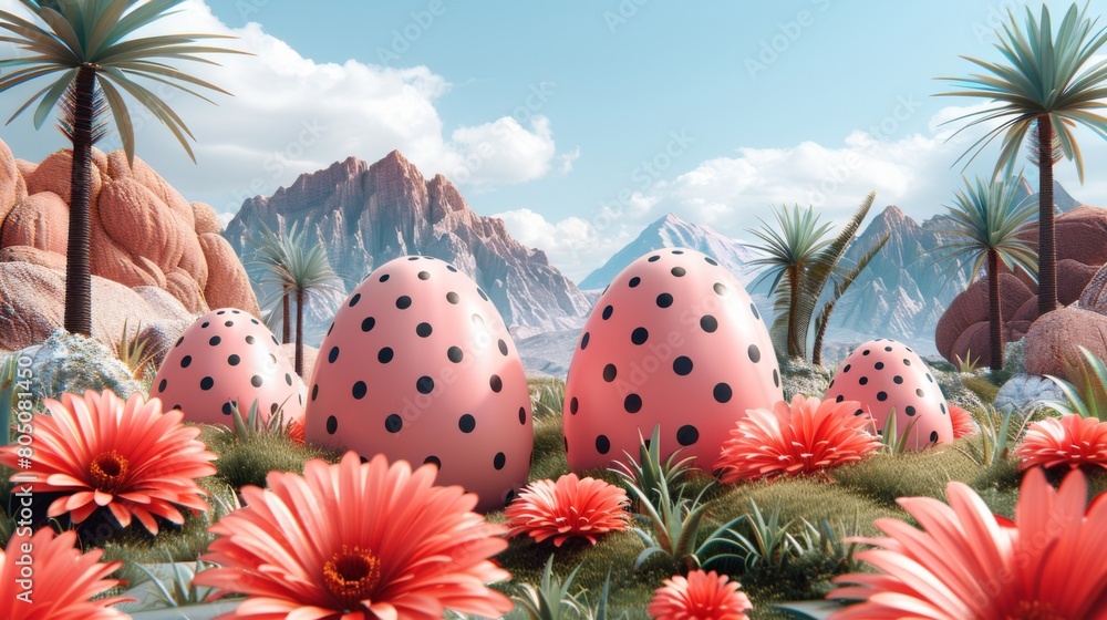 Poster create an abstract composition inspired by easter egg hunts, using playful patterns and hidden surpr