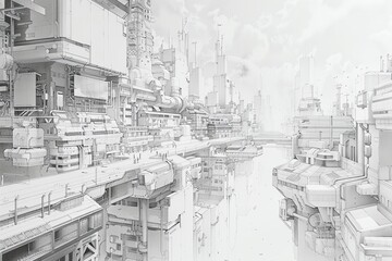 Capture the essence of a futuristic cityscape in a cyber silverpoint drawing, blending precision with a touch of ethereal impressionism to evoke a sense of mystery and wonder