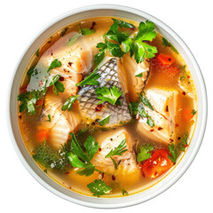Fish soup with vegetables top view isolated on transparent background Remove png, Clipping Path, pen tool