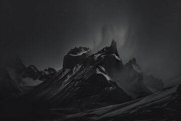 A stunning black and white image capturing the dramatic and ethereal beauty of rugged mountain peaks shrouded in darkness, highlighting nature's stark contrasts and textures.

