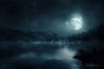 Enchanting night scene with a luminous full moon casting its glow over a serene misty lake, surrounded by shadowy mountains and reflected in calm waters, evoking peace and stillness.


