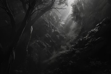 Haunting black and white forest scene with thick fog weaving through gnarled trees, casting eerie light and shadows, perfect for mysterious or horror-themed projects.

