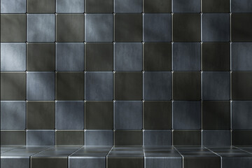 modern product corner showcases background featuring reflective metallic tiles arranged in grid...