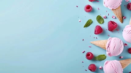 Pink ice cream cones with raspberries and mint leaves
