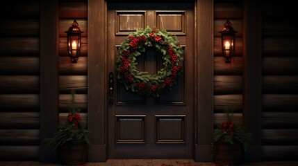 Fototapeta na wymiar A cozy cabin door with a festive wreath of pine branches and red berries, signaling the warmth and joy of the holiday season