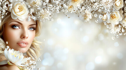 Naklejka premium Stock photo, minimalist beauty style. Fashionable and dreamy portrait of a woman adorned with sparkling makeup and flowers.