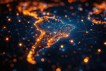Abstract digital map of South America, concept of global network and connectivity, international data transfer and cyber technology, worldwide business, information exchange and telecommunication