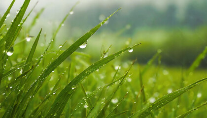 Fresh Green Grass with Dew Drops: Nature's Morning Elixir