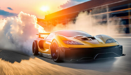 Naklejka premium High-speed drift: luxury sports car in urban smoke