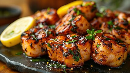  A macro shot of a platter containing scallops and decorative elements resting on a rustic dining surface