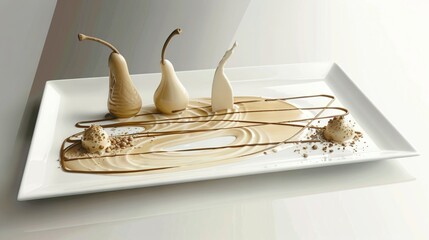   Three pears atop a chocolate sauce-covered dessert on a white plate