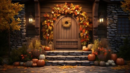A cozy cabin door with a welcoming wreath of autumn leaves, signaling the warmth and hospitality of...