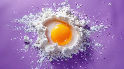   An egg in flour bowl, purple background, white flakes