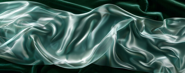 Luminous pearl smoke abstract background drifts over a dark green velvet background.