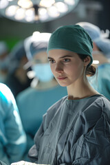 Young Female Surgeon in Scrubs Preparing for Surgery in OR - obrazy, fototapety, plakaty
