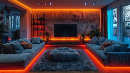 A sleek basement lounge illuminated by multicolored LED strips, featuring a cozy sofa and a state-of-the-art TV for gaming and