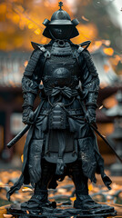 A full-body samurai armor statue made of black metal - obrazy, fototapety, plakaty