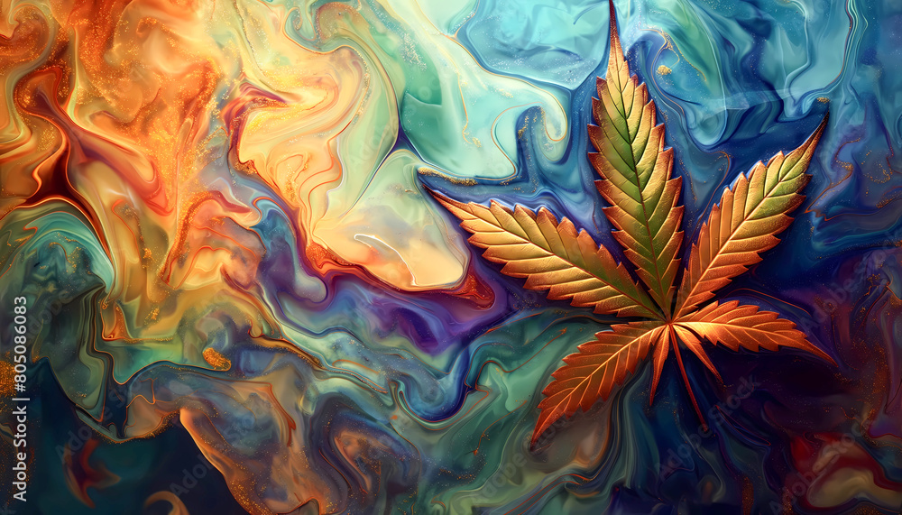 Wall mural abstract surreal colorful psychedelic background with a marijuana or marihuana leaf, weed, psychoact - Wall murals