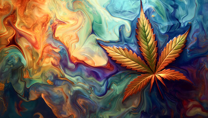 abstract surreal colorful psychedelic background with a marijuana or marihuana leaf, weed, psychoactive drug, wallpaper art or artwork