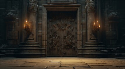 A grand castle door with towering height and intricate carvings, transporting visitors to a bygone...