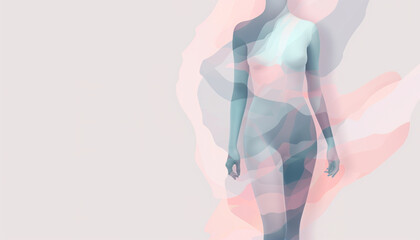 Fototapeta premium Abstract Female Figure in Translucent Layers with Gentle Pastel Colors on Minimalistic Background, Ideal for Modern Graphic Design and Advertising 