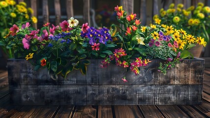  A rustic wooden planter overflowing with a vibrant mix of flowering plants, adding a pop of color to a spring patio. 
