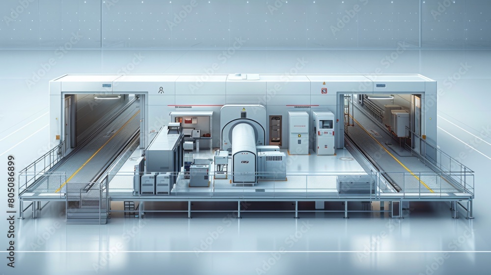 Poster a detailed technical diagram presenting the design and functionality of a baggage inspection system,