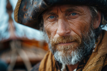 Portrait of a medieval pirate in captain hat on ship. Sea Robber