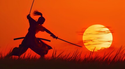 Silhouette of a samurai girl who attacks in a jump with a katana in her hands