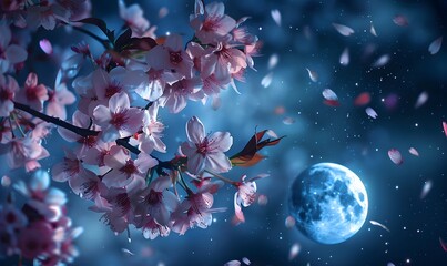 Cherry blossoms captured under the moonlight, Generative AI 