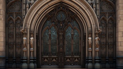 A grand cathedral door with towering height and intricate stained glass panels, inspiring awe and reverence