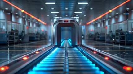 Naklejka premium A captivating 3D rendering depicting a scanner machine in action, meticulously scanning luggage at an airport security checkpoint. The rendering