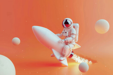 Illustration of astronaut in space suit riding miniature rocket on bright background.