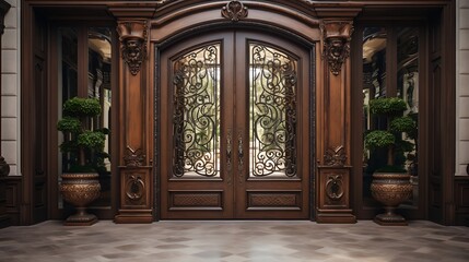 A grand entrance with double wooden doors adorned with ornate wrought iron details - Powered by Adobe