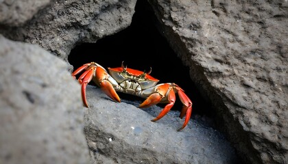 A Crab Peeking Out From Beneath A Rocky Crevice  2