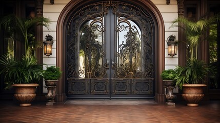 Fototapeta na wymiar A grand entrance with double wooden doors adorned with ornate wrought iron details