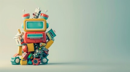 Obraz premium Artistic 3D depiction of a robot assembled from garbage displayed with a minimalist background to highlight recycling innovations.Model of a vibrant multi-colored house