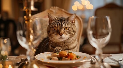Fototapeta premium Elegant cat sitting at a dinner table enjoying a gourmet meal in a luxurious setting