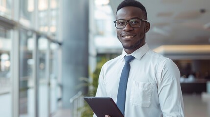 Fototapeta premium Insurance agent standing confidently with a digital tablet smiling in a modern office setting